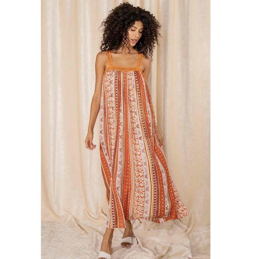 Raga Anthropoligie Boho Indie Striped Sleeveless Patterned Maxi Dress Crochet XS